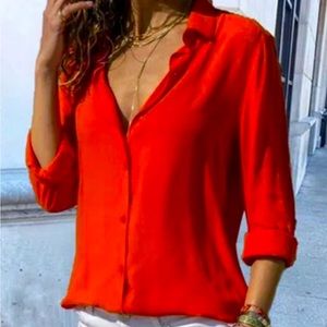 American Eagle Outfitters Neon Orange Sheer Button Up Blouse